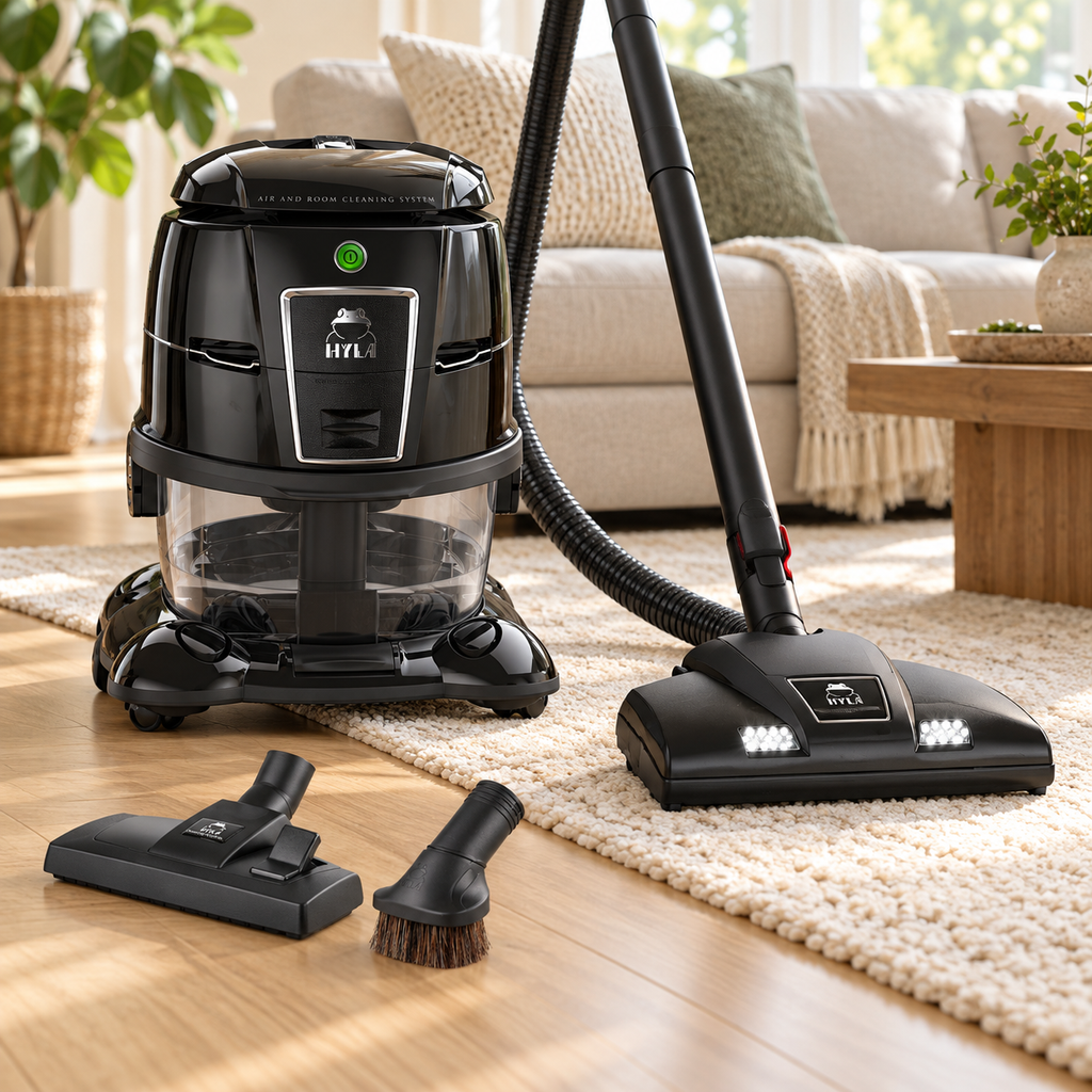HYLA EST with Ventus power head on a cream rug, plus floor and furniture brushes on hardwood flooring in a bright living room.