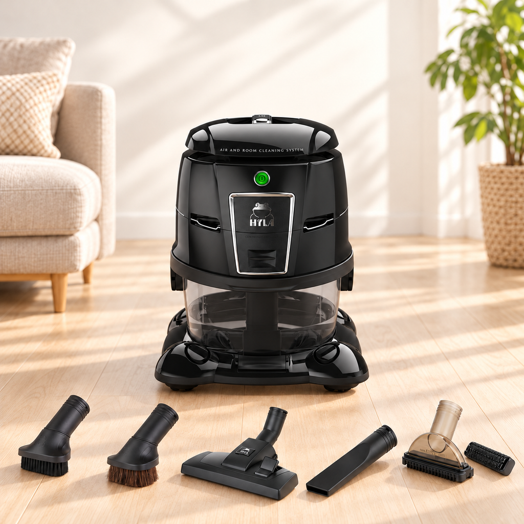 HYLA EST cleaning system with floor brush, clothes brush, furniture brush, crevice tool, and upholstery nozzle arranged on a light wood floor.