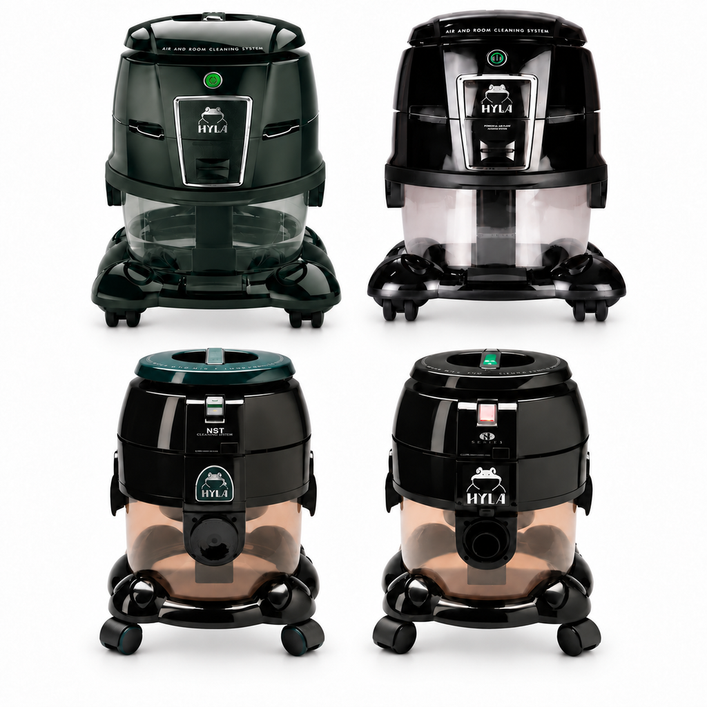 Four generations of HYLA cleaning systems on a white background: EST at top left, GST at top right, NST at bottom left, and N at bottom right.