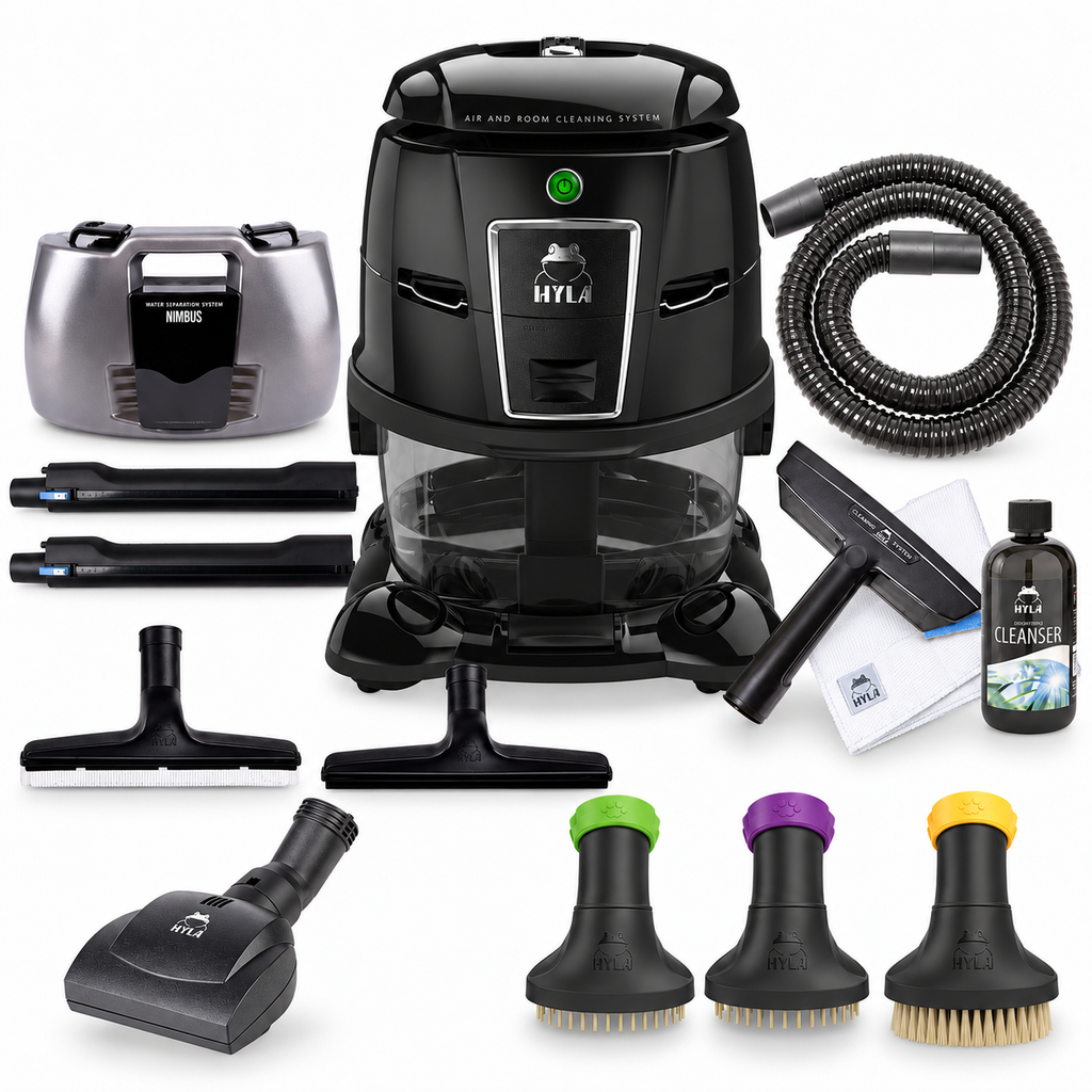 HYLA cleaning system with NIMBUS, hose, cleaning heads, brushes, cloth and cleanser arranged on a white background